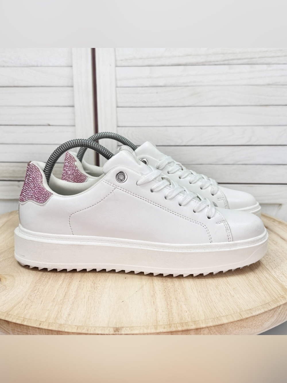Steve Madden Charlie Rhinestone Heel Platform Sneakers White Pink 9